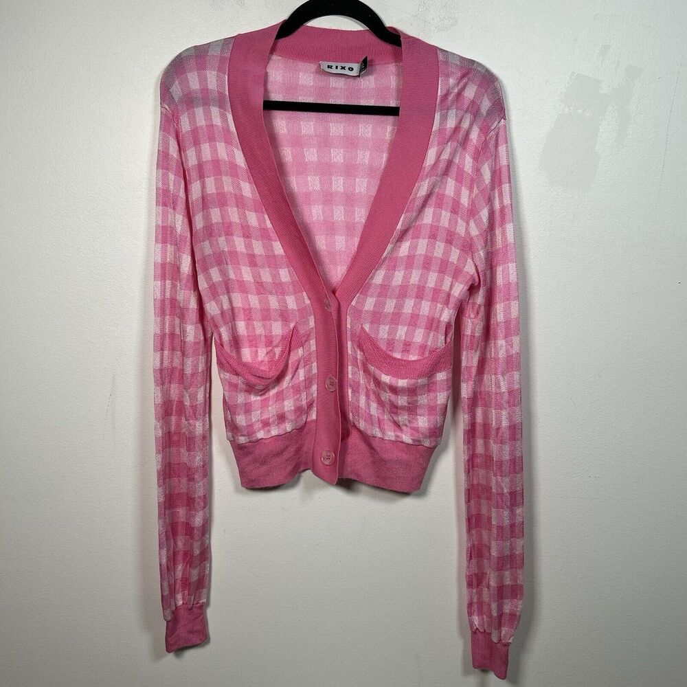 RIXO‎ Cardigan Pink White Plaid Gingham V Neck Button Size XXS US 2 EU 34